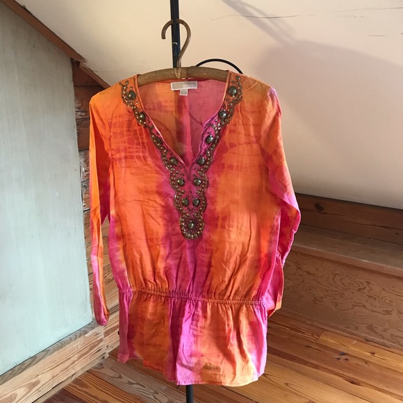 Michael Kors Collection Tops - Michael Michael Kors Pink Orange Cotton Beaded Tunic Top, EUC, S